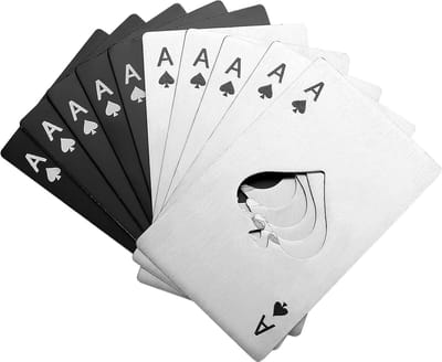 Flesopeners, roestvrijstalen bierdoppen, blikopeners, poker schoppenaas A kaarten waterflesopeners, portemonnee flesopeners - zilver en zwart