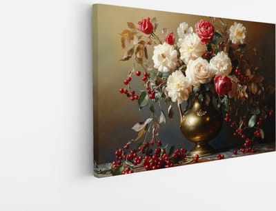 Saammp Canvas Schilderij - Klassiek Bloemstuk met Rozen en Bessen - Stilleven - Natuur - 45x30 - Foto op canvas - Wanddecoratie - Luxe Woondecoratie - Romantisch Interieur