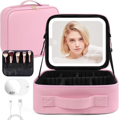 Make-up Tas met Spiegel en LED Verlichting, Waterdichte Reistas voor Vrouwen met Grote Capaciteit en Verstelbare Compartimenten, Perfect voor Cosmetica en Organisatie in Roze