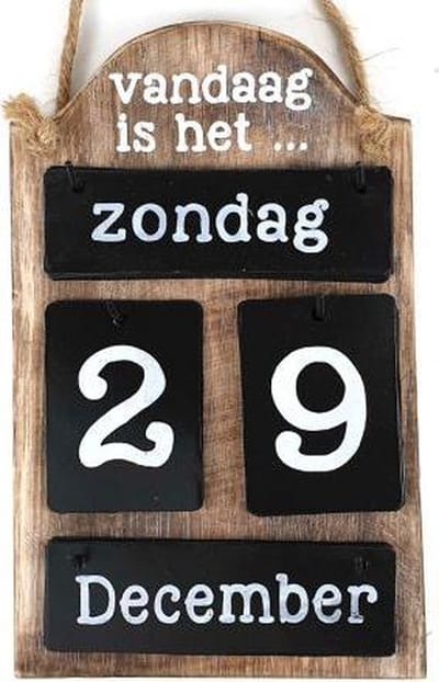 Kalender van hout met metalen plaatjes - Naturel, zwart, wit - 25cm