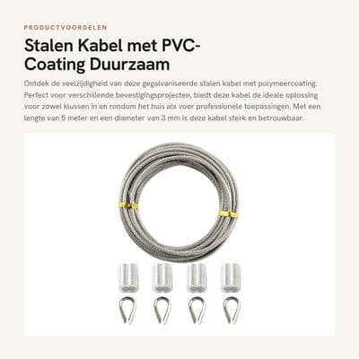 Dailygoods- Kabel 5 m x 3 mm - Gegalvaniseerd Staal - PVC Coating - Inclusief 8 Klemelementen - Duurzaam - Zilverkleurig - Staaldraad