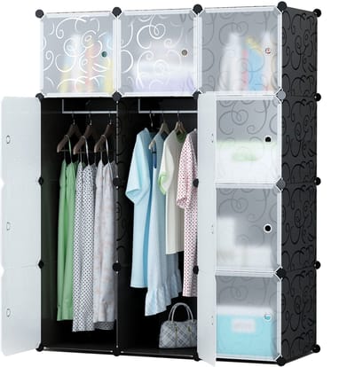 Modulaire Kledingkast 12 Vakken – DIY Opbergsysteem – Met Hanggedeelte & Legplanken – Zwart met Patroon – Waterproof & Antistof