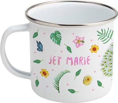 World of Mies emaille mok met naam - handgeschilderde pauw vlinders - gepersonaliseerd kraamcadeau