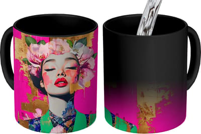 Magische Mok - Foto op Warmte Mokken - Koffiemok - Bloemenkroon - Goud - Vrouw - Portret - Magic Mok - Beker - 350 ML - Theemok