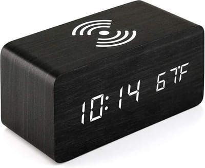 Houten Digitale Wekker, LED Digitaal Elektronisch Alarm Opladen Draadloos Opladen Digitale Houten Klok met Temperatuur Tijd Display- D