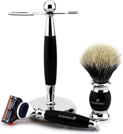 Luxe kwaliteit scheerset met 5 randen en scheerkwast met zilveren punt, voor de beste schone scheerbeurt (scheermesset)