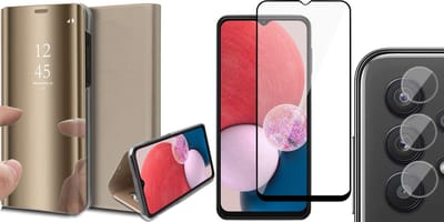 Hoesje geschikt voor Samsung Galaxy A13 4G - Book Case Spiegel Wallet Cover Hoes Goud - Full Tempered Glass Screenprotector - Camera Lens Protector