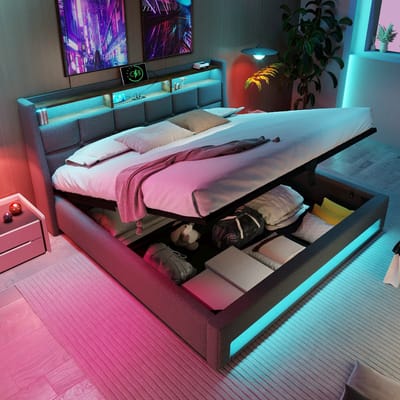 VVBV Gestoffeerd Slaapkamerbed 140x200 cm met Voor Kinderen/Tieners, Lattenbodem - USB - Metaal/Linnen - Zonder Matras