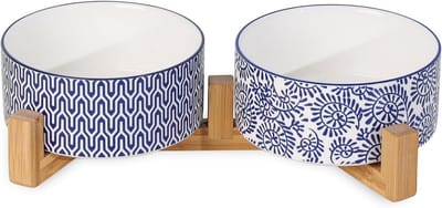 Keramische hondenbak 850ml met houten standaard, anti-slip voerbakken set van 2