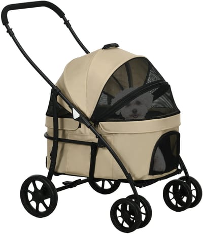 Lifero Hondenbuggy - Hondenwagen – 2-in-1 Opvouwbare Buggy en Draagmand – Hondentrolley – Wandelwagen Honden Khaki - 81x68x98,5cm