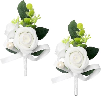 Kunstrozen Boutonnière - Bloemen Knoopsgat - Bruiloft Accessoire - Realistisch Ontwerp - 12x9x3 cm - Wit