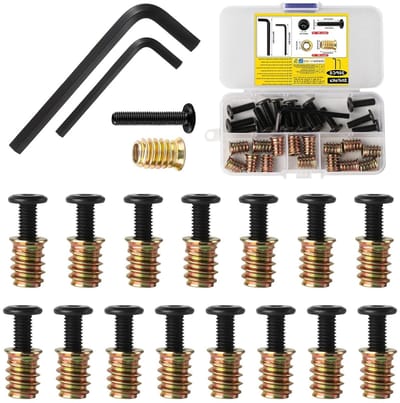 Set van 30 M6 vlakke schroeven en schroefmoeren: 15 schroefinvoeren voor hout (M6 x 15 mm) en 15 meubelverbindingen (M6 x 20 mm), ideaal voor bevestiging en montage van meubels