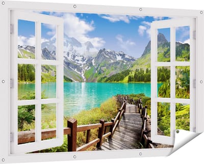 Gards Tuinposter Doorkijk Pad naar een Helder Blauw Meer in de Bergen - 150x100 cm - Tuindoek - Tuindecoratie - Wanddecoratie buiten - Tuinschilderij