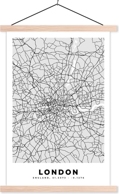 Posterhanger incl. Poster 40x60 cm - Schoolplaat - Londen - Stadskaart - Plattegrond - Zwart Wit - Kaart - Textielposter - Blanke latten - Stadskaart