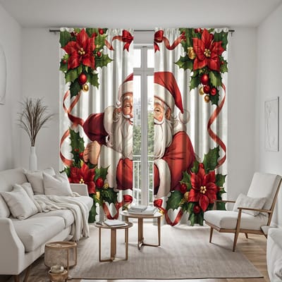 2 stuks HD kransen gewikkeld rond de kerstman decoratief gordijn Rode strik digitaal bedrukt gordijn Huisdecoratie stijl Versier li W52H63inchW132H160cm white