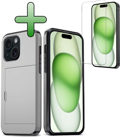 Hoes Geschikt voor iPhone 15 Hoesje Hard Case Met Pas Houder Met Screenprotector - Hoesje Geschikt voor iPhone 15 Hoes Shockproof Hard Cover Met Kaarthouder - Grijs