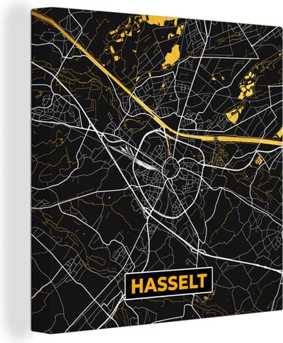 Canvas Schilderij Kaart - Goud - Plattegrond - Hasselt - Stadskaart - 20x20 cm - Wanddecoratie