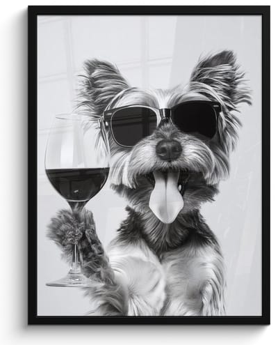 Poster in lijst - Fotolijst 50x70 cm - Posters - Hondje - Wijnglas - Zonnebril - Enthousiast - Posterlijst zwart - Decoratie - Wanddecoratie woonkamer - Muurdecoratie slaapkamer