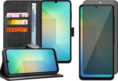 Hoesje geschikt voor Samsung Galaxy A06 - Privacy Screenprotector Volledig Dekkend Glas - Portemonnee Book Case Zwart