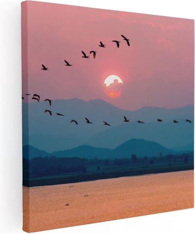 Artaza Canvas Schilderij Vogels - 80x80 cm - Wanddecoratie Zonsondergang - Muurdecoratie Vogels - Schilderijen Op Canvas Bergen