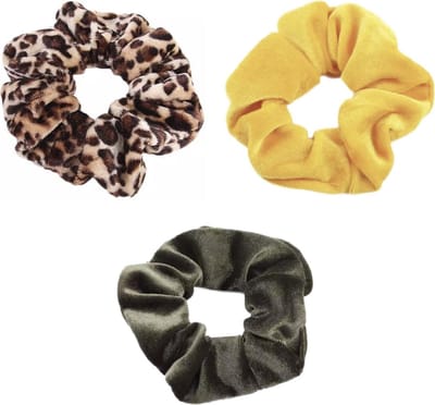 Scrunchie 3 stuks Velvet Extra Vol en Luxe - haarelastiek haarwokkel scrunchies - geel - groen - panterprint bruintinten  - Kraagjeskopen.nl
