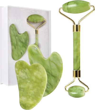 2 Gua Sha-stenen en 1 Jade Face Roller-massageset voor gezichtsmassage - Vermindert wallen in de ogen en huidverzorgingsroutine Groen