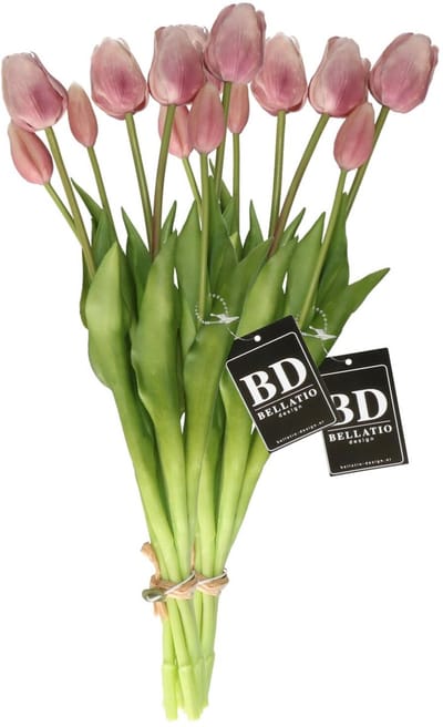 Bellatio Design Kunst tulpen boeket Sally - 14x stuks - zacht lila - real touch - 47 cm