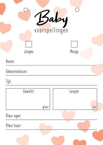 Babyshower invulkaarten | voorspellingskaarten | 15 stuks | inclusief 2 inbindringen