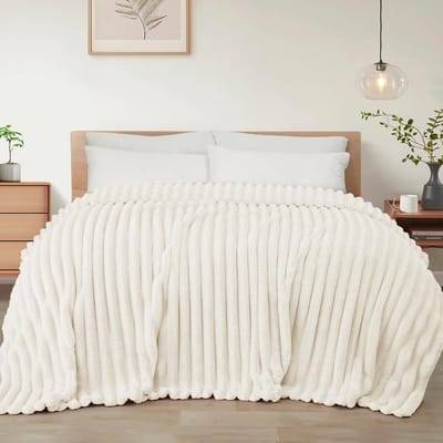 Fleece Deken - Flanellen Plaid - Gezelligheid Thuis - Jacquard Gestreepte - 228 x 264 cm - Ivoor