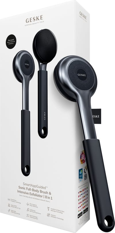 GESKE Sonic Full-Body Brush & Intensive Exfoliator | 8 in 1 | Reinigingsborstel | Met SmartSonic-pulsaties | Diepe reiniging, peeling, massage | Uitschuifbare handgreep | Ruwe huidverwijderaar