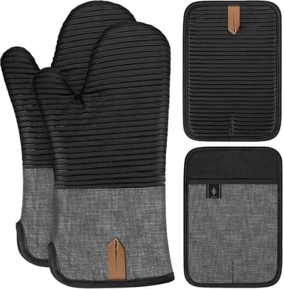 Thijox - BONTHEE Pothouder Set Extra Lange Ovenhandschoenen Antislip Siliconen Kookhandschoenen Zwart - Set van 4 voor Koken en Bakken