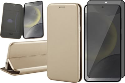 Hoesje geschikt voor Samsung Galaxy S24 - Privacy Screenprotector Volledig Dekkend Glas - Wallet Book Case Goud