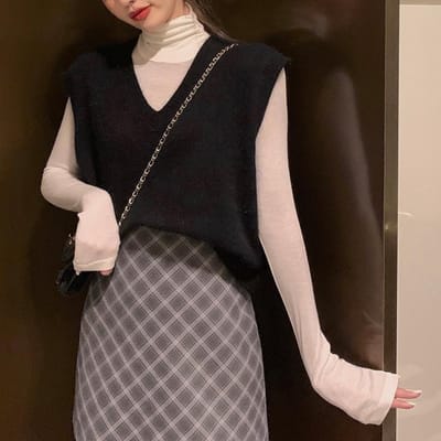Gilet Tricoté Printemps et Automne pour Femmes Rétro Col en V Couleur Unie Gilet Vêtement d'Extérieur Sans Manches Pull Mode L
