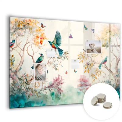 Tulup Glassboards - Bloemen vogels natuur Magneetbord - 100 cm x 70 cm - Veelkleurig Magnetic Board - Gratis 5 Sterke Magneten - Stylish Memo Board - Magneetbord Keuken - Memobord Keuken - Notitiebord Werkplek - Magnetisch Wandbord