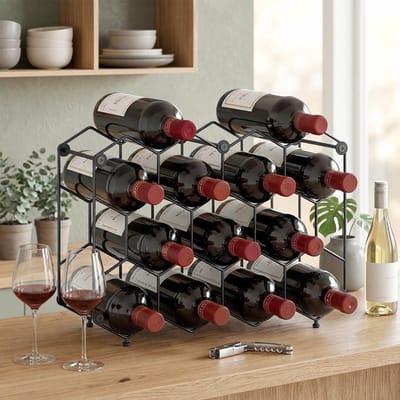 Pugsdrly Wijnrek voor 13 flessen, flessenrek met honingraatdesign, verstelbare poten, kantelbeveiliging, metaal, 43 x 15,5 x 31 cm, zwart