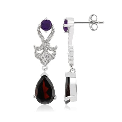 Cavill - Zilveren Oorbellen 925 Sterling Zilver - Zambia Granaat 3,919 ct & Amethist 0,517 ct - Rhodium Druppelvorm - Elegant Filigraan 31 mm