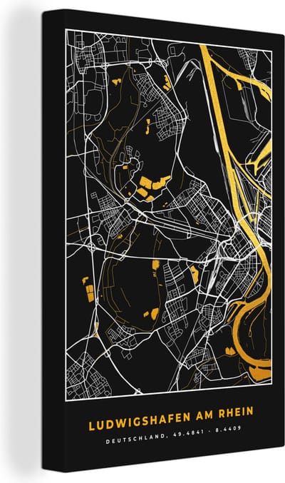 Canvas Schilderij Ludwigshafen Am Rhein - Goud - Plattegrond - Kaart - Stadskaart - Duitsland - 20x30 cm - Wanddecoratie