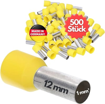 500 stuks Kalitec AE112GE adereindhulzen geïsoleerd 1,0 mm² 12 mm lang geel I Made in Germany I Industriële kwaliteit