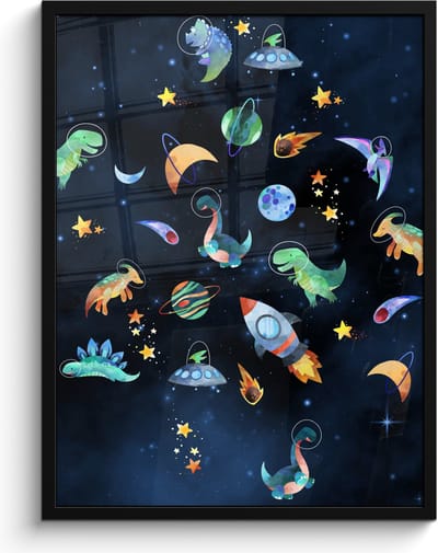 Poster in lijst - Fotolijst 60x80 cm - Posters - Ruimte - Dino - Dinosaurus - Jongens - Posterlijst zwart - Kamer decoratie - Wanddecoratie kinderkamer - Muurdecoratie babykamer