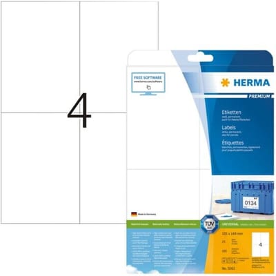 Herma premium adresetiketten nr. 5063, 105 x 148 mm, zelfklevend, permanent klevend, bedrukbaar, papier, wit, 100 stuks op 25 vellen