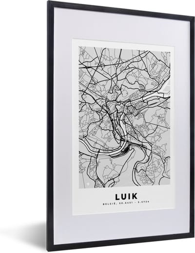 Fotolijst incl. Poster Zwart Wit- Stadskaart – Plattegrond – België – Zwart Wit – Luik – Kaart - 40x60 cm - Posterlijst