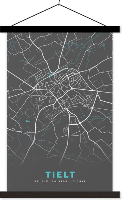 Posterhanger incl. Poster 40x60 cm - Schoolplaat - België – Tielt – Stadskaart – Kaart – Blauw – Plattegrond - Textielposter - Zwarte latten - Stadskaart