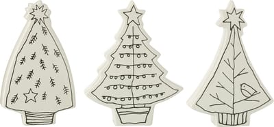 J-Line decoratie Kerstboom dolomite - keramiek - wit/zwart - 3 stuks
