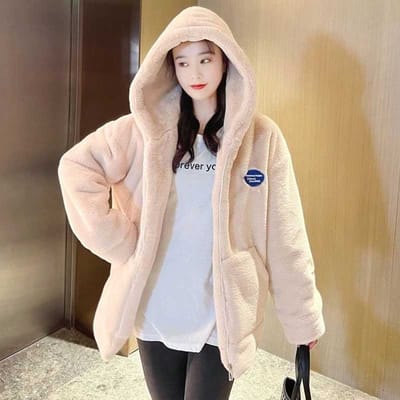 Manteau en fourrure à capuche mi-long pour femme, veste en peluche, ample, épais, chaud, pardessus d'automne et d'hiver S abricot