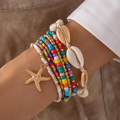 7-delige Boheemse Schelp Armband Set Voor Vrouwen Zeester Bedeltje Rijstkorrel Polsbandje Armband Meisjes Zomer Strand Sieraden Accessoires brown