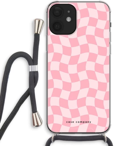 Case Company® - Hoesje met koord geschikt voor iPhone 12 hoesje met Koord - Grid Roos - Telefoonhoesje met Zwart Koord - Bescherming aan alle Kanten en Over de Schermrand