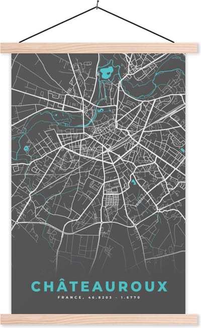 Posterhanger incl. Poster 40x60 cm - Schoolplaat - Châteauroux - Plattegrond - Stadskaart - Frankrijk - Kaart - Textielposter - Blanke latten - Stadskaart