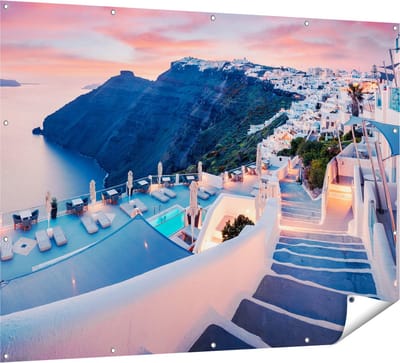 Gards Tuinposter Luxe Huisjes aan de Kust in Fira, Griekenland - 160x120 cm - Tuindoek - Tuindecoratie - Wanddecoratie buiten - Tuinschilderij