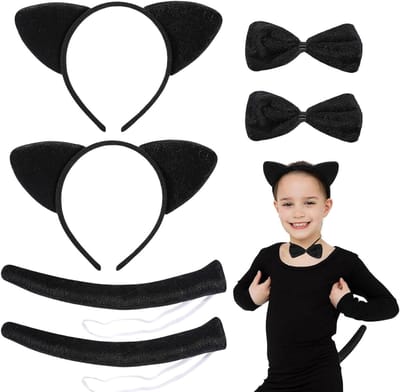 6-delige Kattenoren Hoofdband Set voor Unisex Dierenkostuum, Inclusief Staart en Strik voor Fancy Dress en Cosplay Feestjes