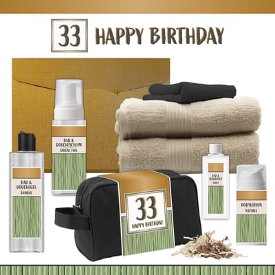Geschenkset “33 Happy Birthday” - 8 producten - 1140 gram | Luxe wellness Cadeaubox voor Hem Giftset Feestje Verjaardag Drieendertig jaar Cadeau Pakket Douche Gefeliciteerd Verjaardagscadeau Man Gift Party Thirty-three Years Hartje Goud Groen Beige
